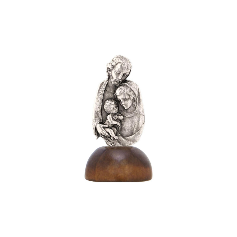 Mini statue en métal H.3,5cm Sainte Famille sur socle en bois massif de noyer