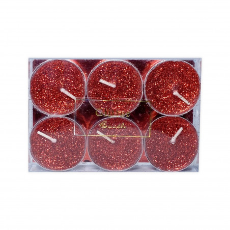 Pack 6 bougies chauffe-plat rouges pailletées pour fêtes