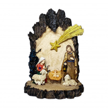 Crèche de Noël en résine imitation bois une pièce à poser format 9cm x 12cm vue de face