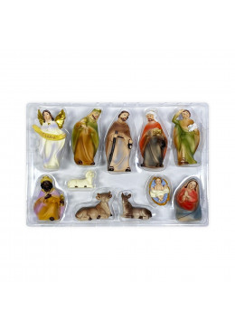 Set 11 santons effet bois peint jusqu'à 9cm pour crèche de Noël - en boîte