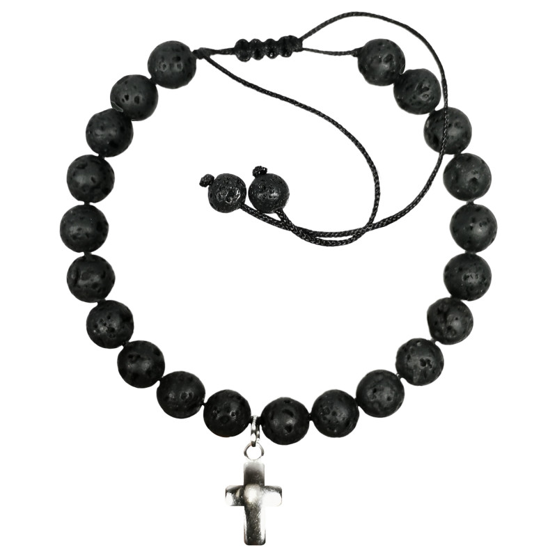 Bracelet sur corde réglable en pierre naturelle de Lave avec croix en métal argenté Bracelet sur corde réglable en pierre naturelle de Lave avec croix en métal argenté