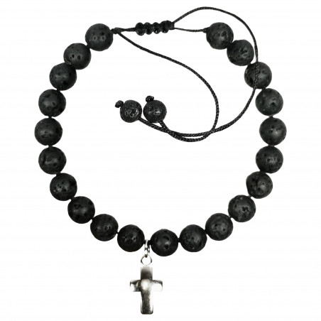 Bracelet sur corde réglable en pierre naturelle de Lave avec croix en métal argenté