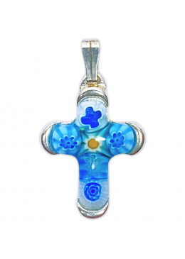 Croix en verre de Murano sertie sur métal argenté H.2cm, bleue