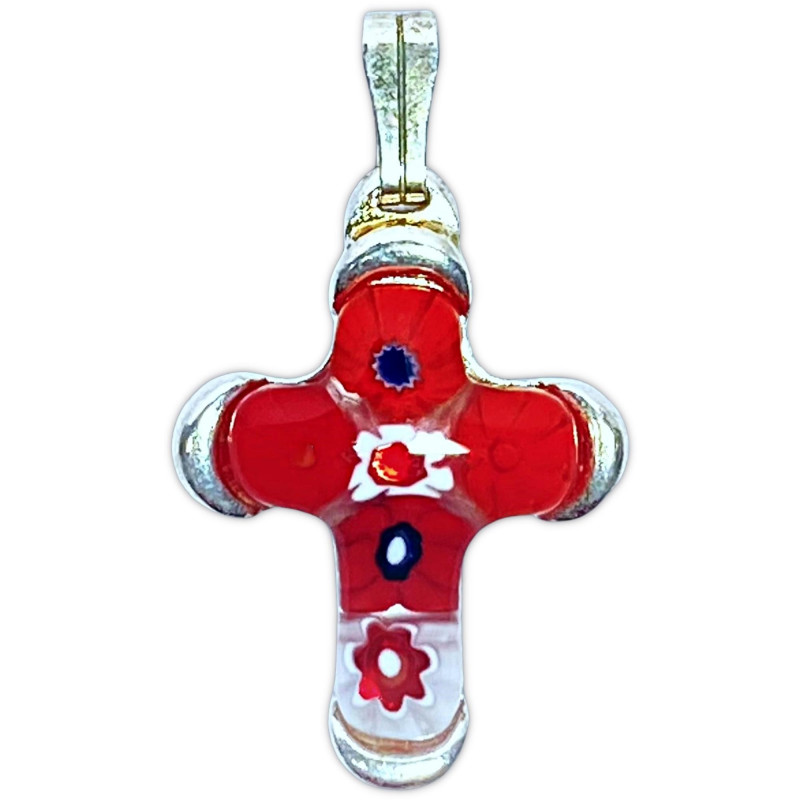 Croix en verre de Murano sertie sur métal argenté H.2cm, rouge