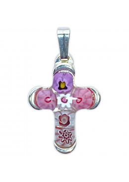 Croix en verre de Murano sertie sur métal argenté H.2cm rose