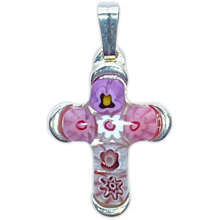 Croix en verre de Murano sertie sur métal argenté H.2cm rose
