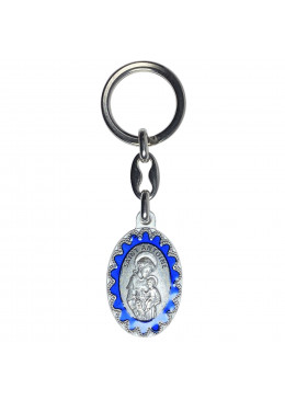 Face avant porte-clés ovale Saint Antoine métal argenté émaillé bleu H.3,8cm