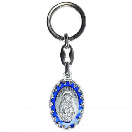 Face avant porte-clés ovale Saint Antoine métal argenté émaillé bleu H.3,8cm