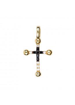 Croix de cou plaquée or avec zirconium noir et blanc sertis