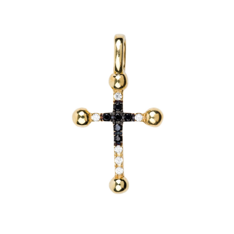 Croix de cou plaquée or avec zirconium noir et blanc sertis