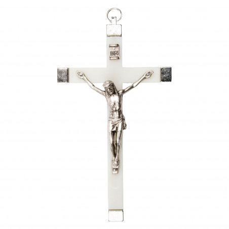 Croix murale H.9cm fluorescente avec les bords et le corps du Christ en métal argenté