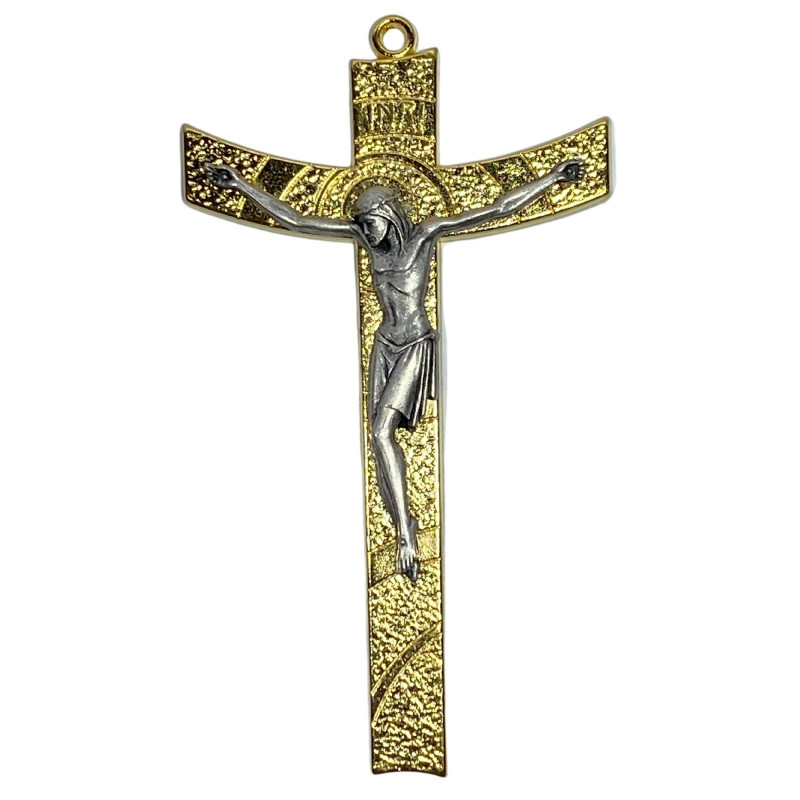 Face avant croix murale H.8cm en métal doré et Christ en métal argenté