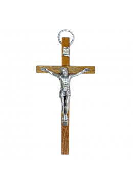 Croix murale H.8cm bois clair avec Christ en métal argenté