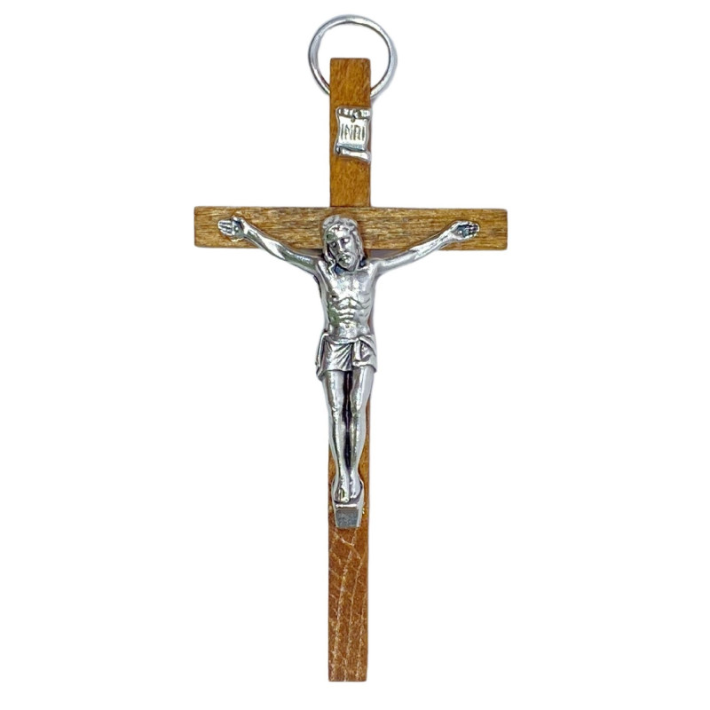 Croix murale H.8cm bois clair avec Christ en métal argenté