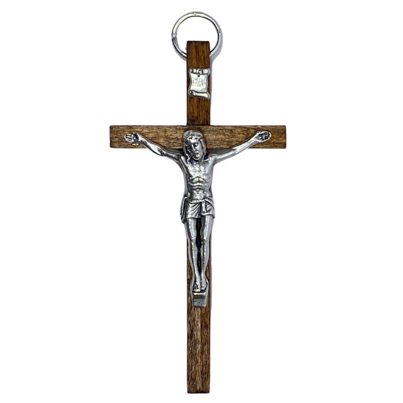 Croix murale H.8cm bois foncé avec Christ en métal argenté