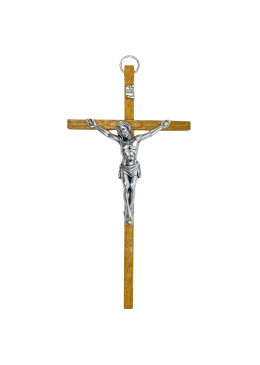 Croix murale H.14cm en bois clair avec le corps du Christ en métal argenté