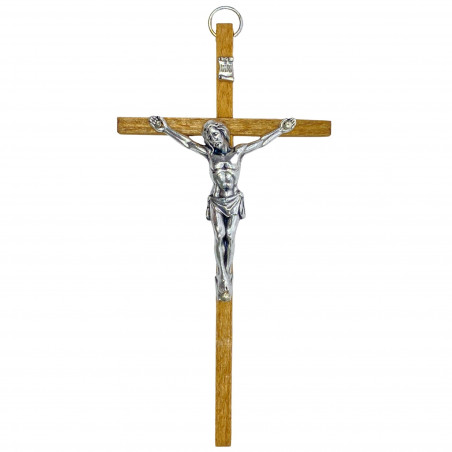 Croix murale H.14cm en bois clair avec le corps du Christ en métal argenté