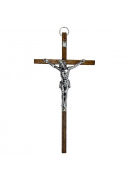 Croix murale H.14cm en bois foncé avec le corps du Christ en métal argenté