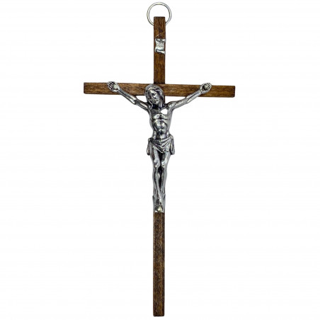 Croix murale H.14cm en bois foncé avec le corps du Christ en métal argenté