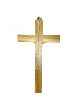 Face arrière croix murale H.16cm en bois d'olivier avec le corps du Christ en métal argenté