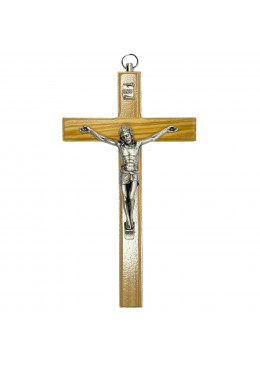 Face avant croix murale H.20cm en bois d'olivier avec le corps du Christ en métal argenté