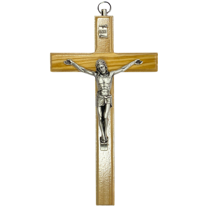 Face avant croix murale H.25cm en bois d'olivier avec le corps du Christ en métal argenté