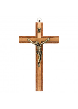 Croix murale H.15cm en bois d'olivier clair incrusté dans un bois d'acajou foncé, avec le corps du Christ en métal bronzé