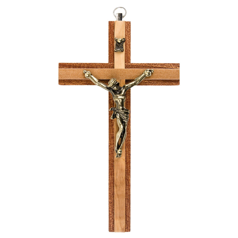 Croix murale H.15cm en bois d'olivier clair incrusté dans un bois d'acajou foncé, avec le corps du Christ en métal bronzé