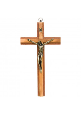 Croix murale H.20cm en bois d'olivier clair incrusté dans un bois d'acajou foncé, avec le corps du Christ en métal bronzé
