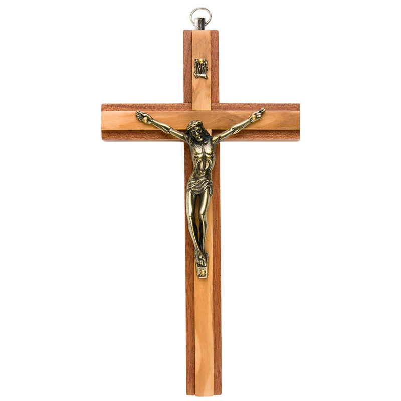 Croix murale H.20cm en bois d'olivier clair incrusté dans un bois d'acajou foncé, avec le corps du Christ en métal bronzé