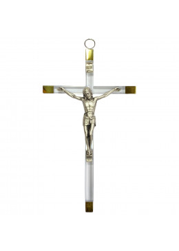 Croix murale H.17cm en plexiglass avec métal doré aux extrémités et le corps du Christ en métal argenté