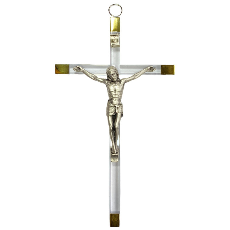 Croix murale H.17cm en plexiglass avec métal doré aux extrémités et le corps du Christ en métal argenté