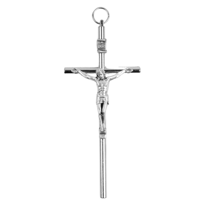 Croix murale H.10cm forme cylindrique avec Christ en métal argenté Croix murale H.10cm forme cylindrique avec Christ en métal argenté