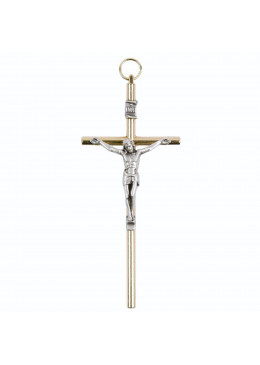 Croix murale H.10cm en métal doré cylindrique avec le corps du Christ en métal argenté