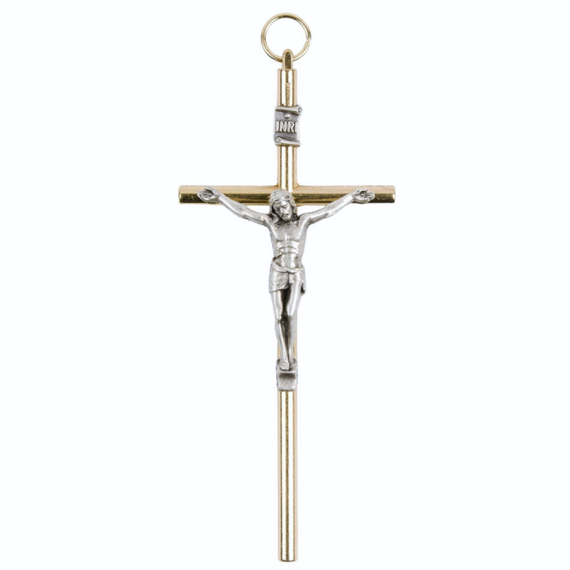 Croix murale H.10cm en métal doré cylindrique avec le corps du Christ en métal argenté