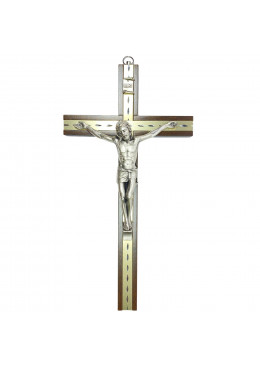 Face avant croix murale H.25cm en bois de noyer incrusté d'une bande de métal dorée et ciselée + Christ en métal argenté
