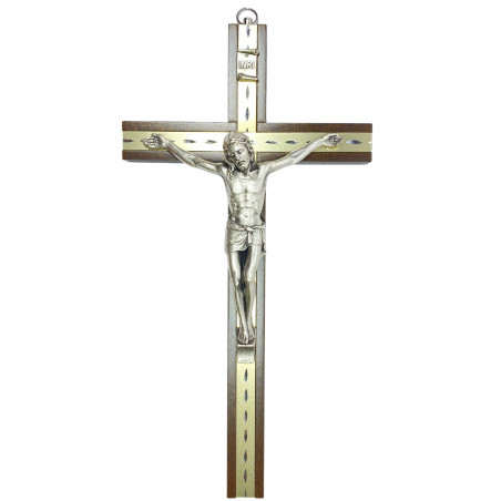 Face avant croix murale H.25cm en bois de noyer incrusté d'une bande de métal dorée et ciselée + Christ en métal argenté