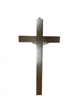 Face arrière croix murale H.25cm en bois de noyer incrusté d'une bande de métal dorée et ciselée + Christ en métal argenté