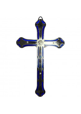 Face arrière croix murale H.18cm en métal argenté, style vitrail avec le corps du Christ en métal argenté