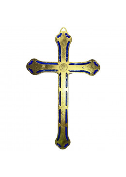 Face arrière croix murale H.18cm en métal doré, style vitrail avec le corps du Christ en métal argenté