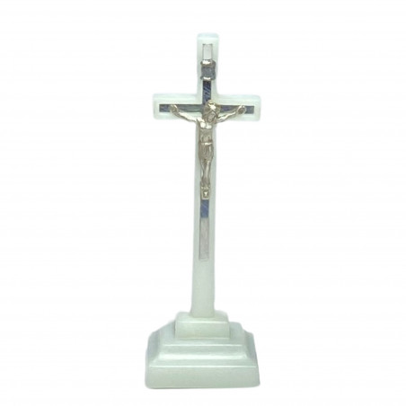 Face avant croix à poser H.8cm fluorescente avec le corps du Christ en métal argenté