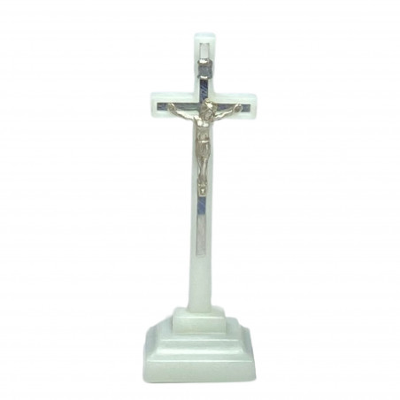 Face avant croix à poser H.8cm fluorescente avec le corps du Christ en métal argenté