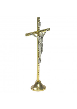 Profil croix à poser H.12,5cm avec le Christ, en métal doré gaufré