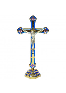 Face avant croix à poser H.18cm en métal doré, style vitrail avec le corps du Christ en métal argenté