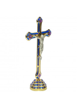 Profil croix à poser H.18cm en métal doré, style vitrail avec le corps du Christ en métal argenté