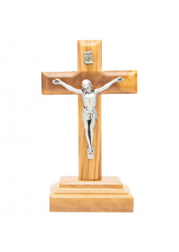 Face avant croix à poser H.9,5cm bois d'olivier avec Christ en métal argenté
