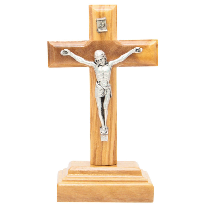 Face avant croix à poser H.9,5cm bois d'olivier avec Christ en métal argenté