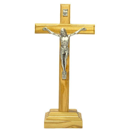 Face avant croix à poser H12cm bois d'olivier avec Christ en métal argenté