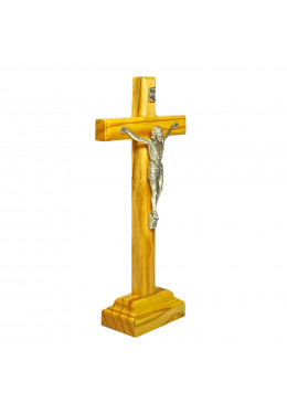 Profil croix à poser H.12cm bois d'olivier avec Christ en métal argenté