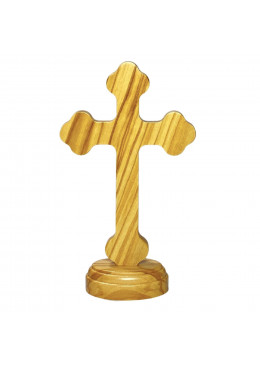 Face arrière Croix à poser H.15cm forme trilobée, en bois d'olivier, avec Christ en métal argenté
